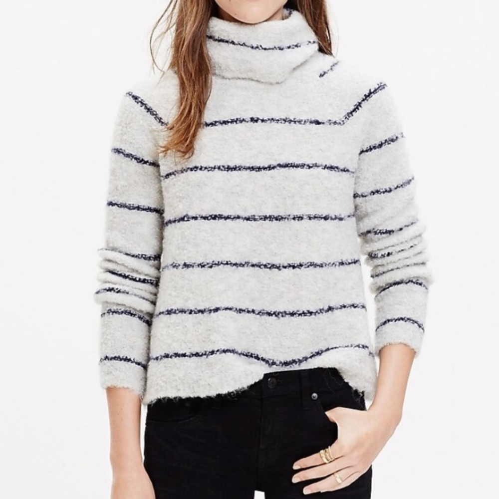 Madewell Gray and Navy Striped Turtleneck Sweater